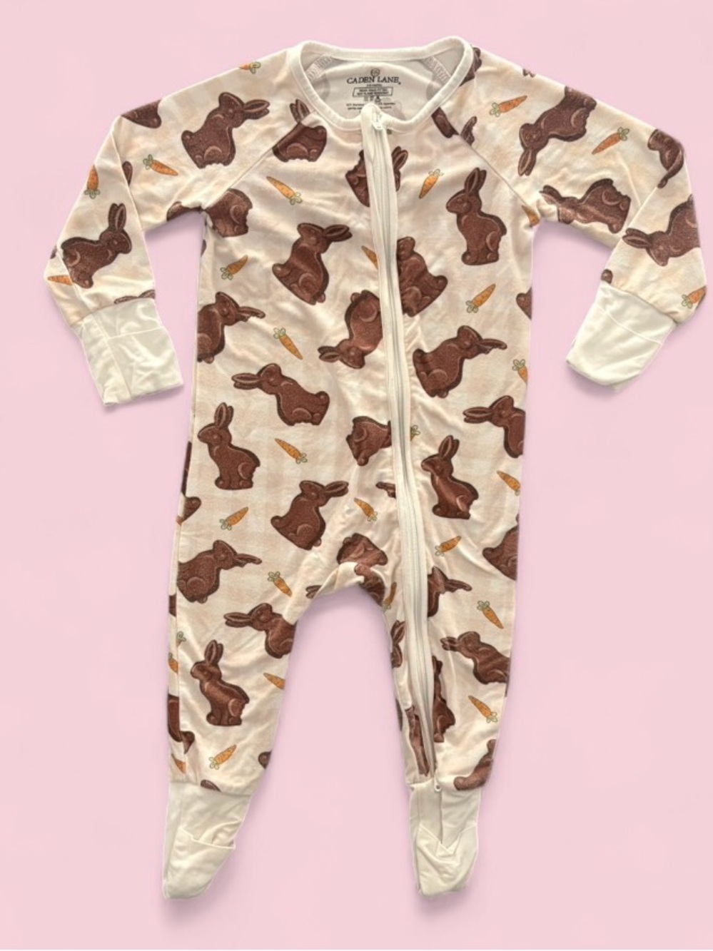 Caden Lane Chocolate Bunny Bamboo Zip Pajamas Sz 3-6M